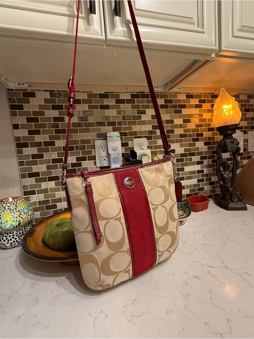 Coach Beige Signature Canvas Crossbody with Red Leather Stripe
